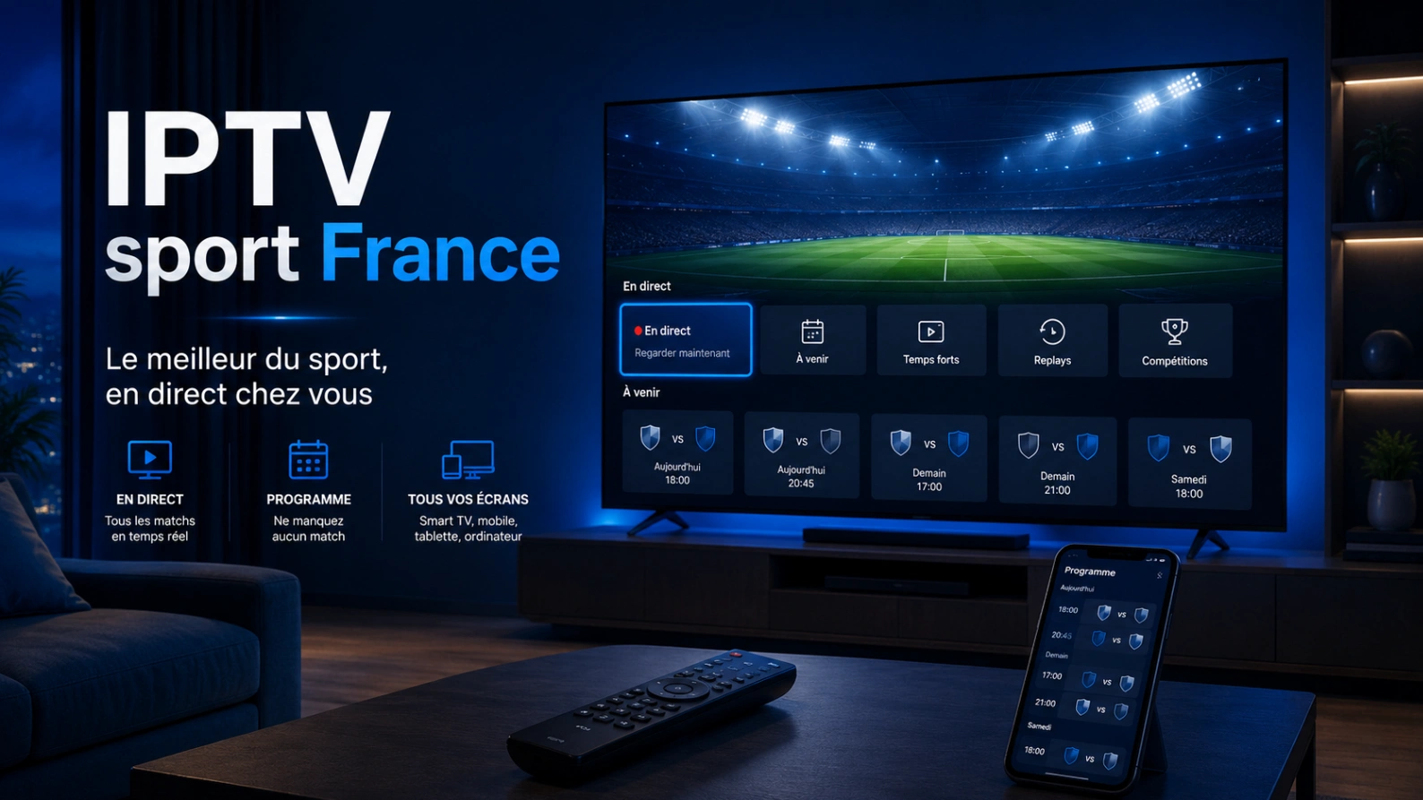 Service IPTV sport en France affiché sur une télévision connectée avec football et streaming multi-écran.